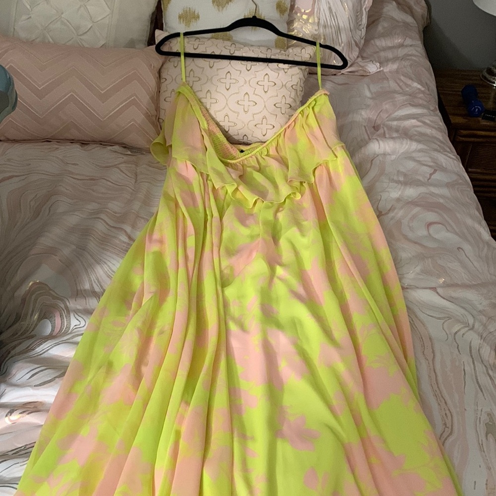 Bright Yellow and Pink Chiffon Strapless dress
